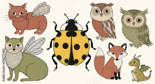 Enchanting woodland creatures mingle in whimsical garden illustration, perfect for storybooks, greeting cards, and delightful nature-themed designs