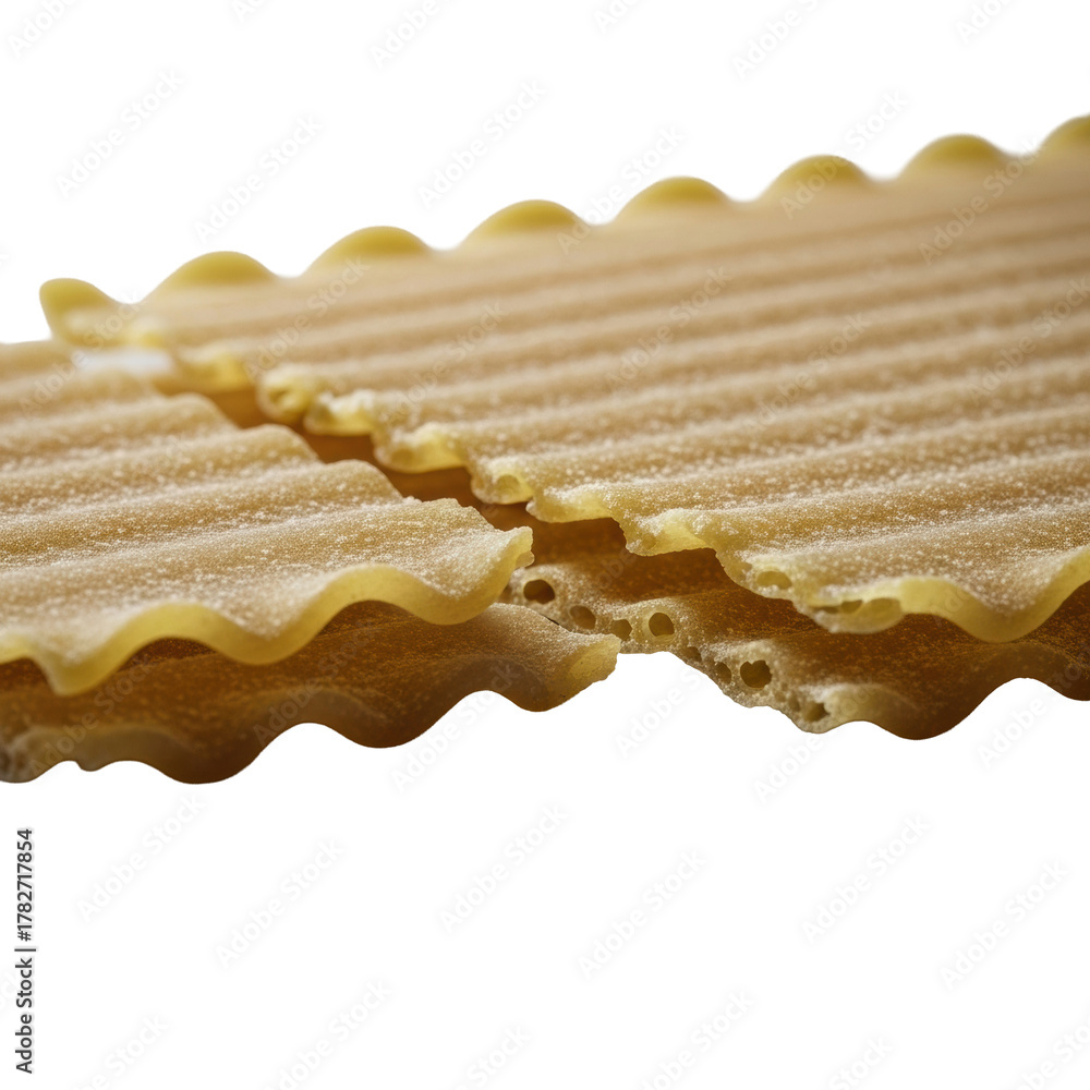 Fototapeta premium Uncooked golden-wheat Italian lasagna pasta, dramatically fractured, jagged edges, layered internal structure, isolated on transparent background with soft bokeh. Concept of fragile material detail