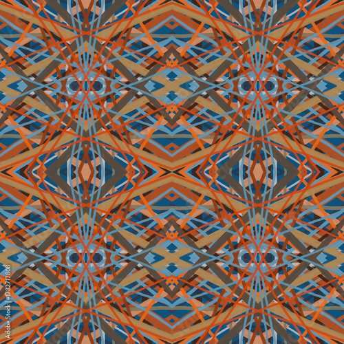 Geometric Abstract Seamless Pattern in Warm Blue and Orange Tones