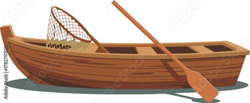 Detailed wooden fishing boat floating on water with a large paddle and essential fishing gear inside