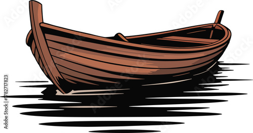 Close up view traditional wooden fishing vessel floating on choppy water surface design element nautical theme.