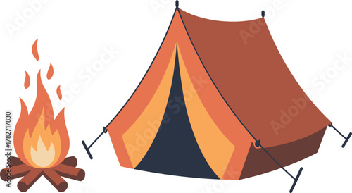Flat vector illustration of traditional camping scene showing tent shelter and warm burning bonfire