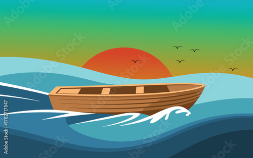 Fast wooden boat sailing across ocean waves during vibrant sunset or sunrise creating strong white foamy wake.