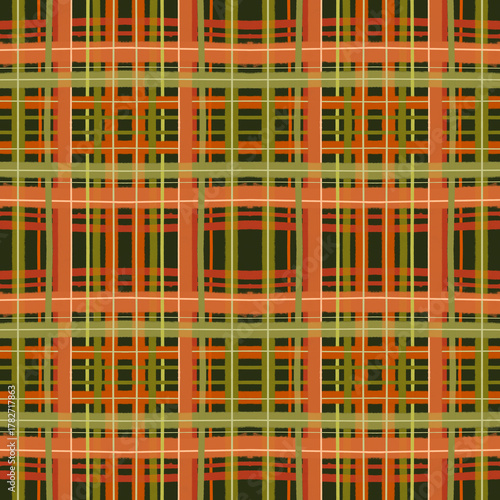 Autumn Plaid Seamless Pattern in Warm Orange and Green Tones