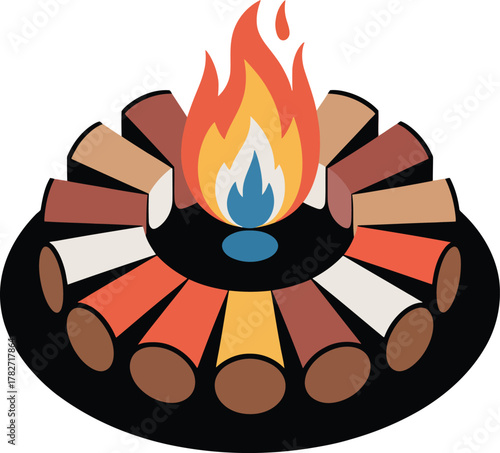 Gathering around fire pit logs arranged in colorful circle design graphic vector illustration element concept
