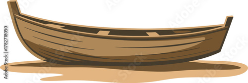 Side view isolated illustration of rustic wooden fishing boat sitting on sandy beach environment