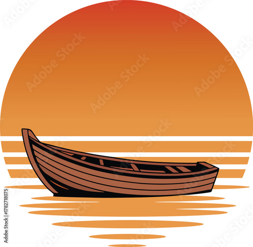 Silhouette illustration of traditional small wooden boat floating peacefully across water during sunrise or sunset