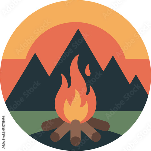 Simple outdoor camp design featuring burning fire and wood logs set against tall mountains and colorful dawn or dusk sky.