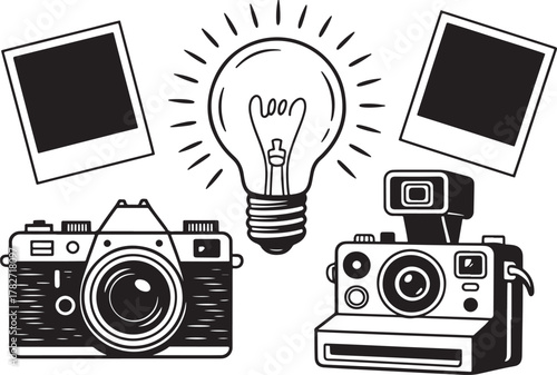 Vintage cameras, instant photo prints, and a light bulb with radiating lines retro photography