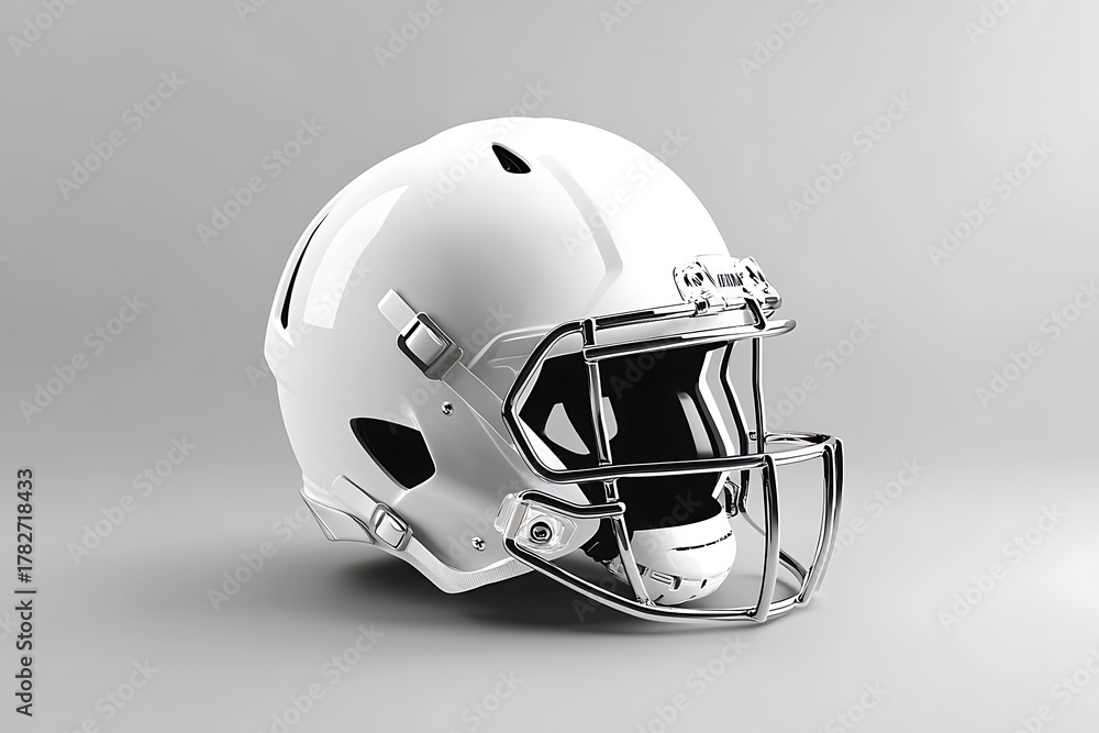 Fototapeta premium A sleek and professional white football helmet with a detailed design showcased on a neutral grey background emphasizing the product's feature