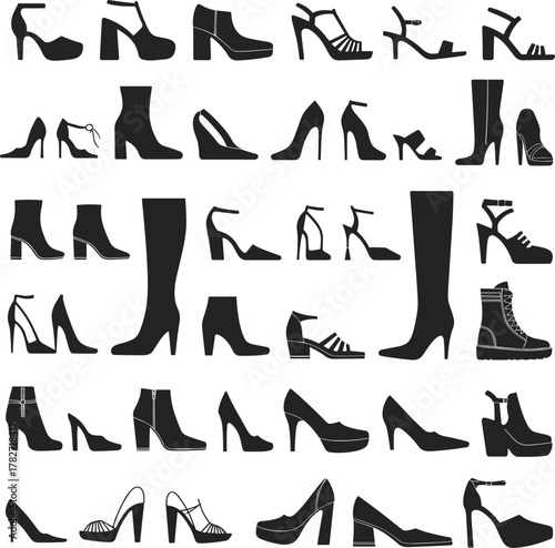Silhouette set of women’s shoes featuring high heels, boots, sandals, wedges, platforms, and strappy styles in diverse fashion designs and shapes