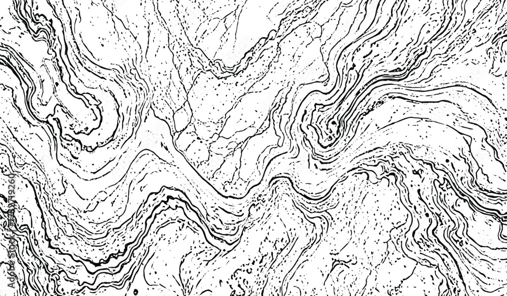 Fototapeta premium Black and White Abstract of Wavy, Textured Lines and Speckles, Evoking Eroded Landscapes or Chaotic Ink Patterns.
