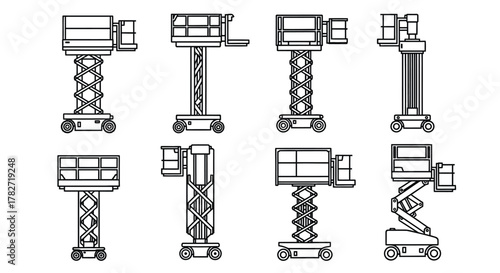 Line art illustration of various scissor lift designs in a schematic view