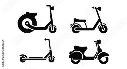 Black and white silhouettes of electric scooters and mopeds flat design