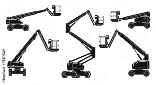 Various articulated boom lifts in black and white schematic illustrations
