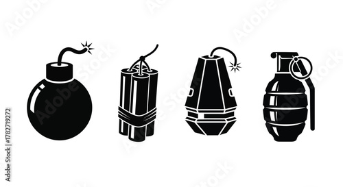 Black and white illustration depicting various explosive devices in a row