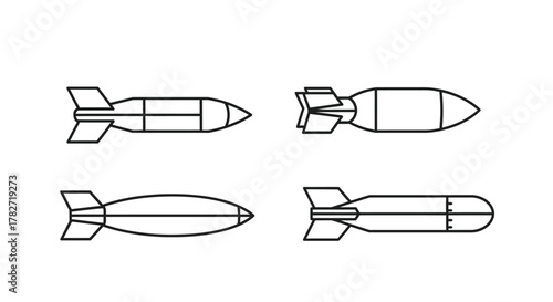 Simple black and white line drawings of various bomb shapes displayed