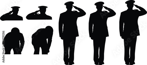 PrintMilitary salute silhouette illustration set with soldiers in uniform, formal posture, standing poses, respect gesture, black vector design, army concept, honor theme