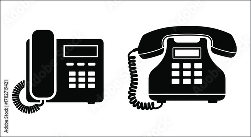 Two black and white silhouettes of vintage telephones side by side