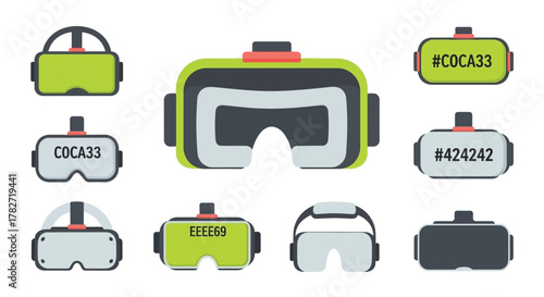 Several virtual reality headset designs are displayed in a colorful illustration