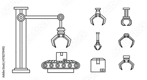 Illustration of robotic arms conveyor belt and package handling system