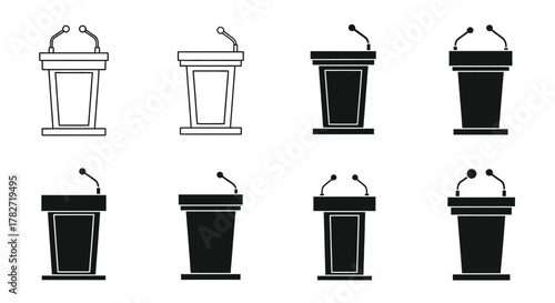 Set of podium illustrations with varying designs and perspectives shown