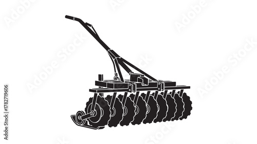 Efficient farm cultivator for preparing soil and planting crops, essential tool for modern agriculture and food production, black and white illustration for farming industry
