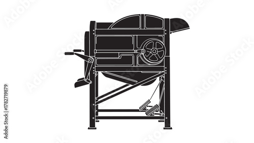 Vintage threshing machine illustration perfect for agricultural history projects or educational materials, showcasing a classic farming tool in a simple black and white design