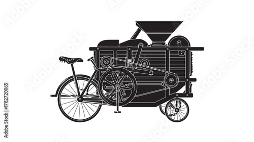 Striking Minimalist Design of a Vintage Bicycle Powered Threshing Machine, A Unique Blend of Agriculture and Cycling, Perfect for Historical Projects and Innovative Concepts, Vector Illustration