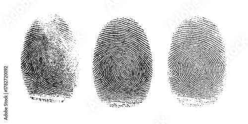 Set of three distinct black human fingerprints on a clean white background isolated