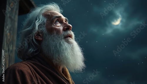 Elderly man with flowing white beard, hair gazes up at night sky. Observes crescent moon, stars through dark clouds. Abraham ponders divine promise, hope, deep faith. Ancient patriarch reflects on