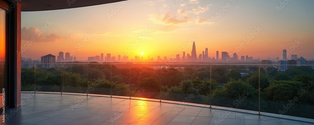 Obraz premium Modern apartment balcony offers stunning city skyline view. Golden sunset casts warm light on urban buildings and green trees below. Residential property has panoramic metropolis panorama.