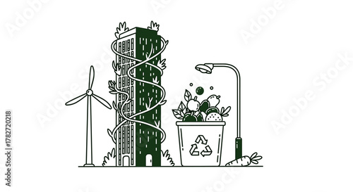 Embrace sustainable urban living with a wind turbine, green building, and fresh produce bin, symbolizing eco-conscious city development and healthy choices.