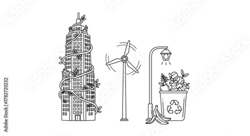 Sustainable urban landscape showcasing green building, wind turbine, and organic waste recycling for a cleaner future