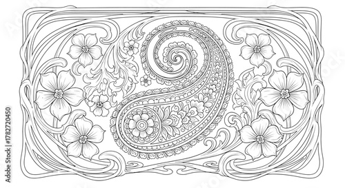 Exquisite floral paisley design perfect for adult coloring books or textile patterns, offering a serene and artistic escape into creative mindfulness
