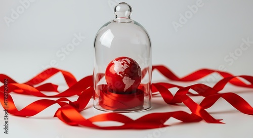 Vibrant red ribbon frames a delicate glass dome protecting a miniature red earth, symbolizing global care, protection, and conservation efforts.
