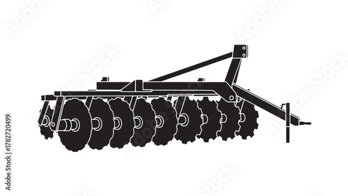 Discover a striking silhouette of a disc harrow, ideal for agricultural designs, farming illustrations, and equipment diagrams for brochures, websites, and educational materials