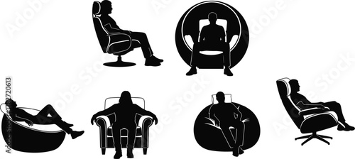 Modern chair silhouettes with seated people in various postures, ergonomic furniture styles, lounge positions, and lifestyle seating concepts