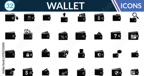 Collection of 32 black wallet icons representing various financial and shopping concepts