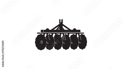 Modern black and white tractor disk harrow illustration for agriculture concepts, farming equipment, and agricultural design projects needing a clean, minimalist style icon