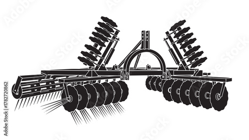 Modern black and white illustration of a disc harrow for soil preparation, perfect for agricultural brochures, farm equipment catalogs, and rural lifestyle designs