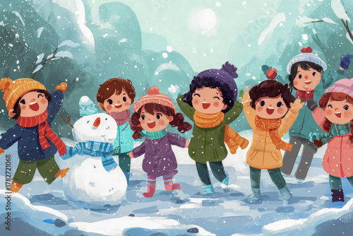 Happy children playing with snowman in winter landscape