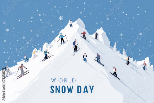 World snow day celebrating ski activities in winter mountains