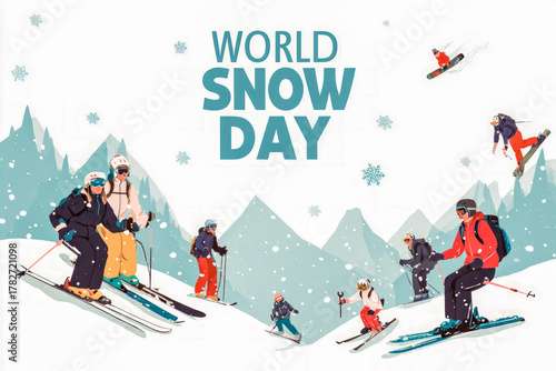World snow day illustration with skiers and snowboarders