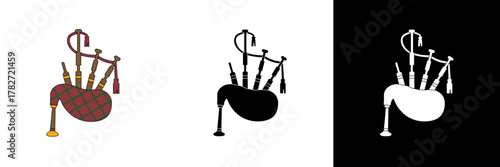 Illustration of bagpipes in color, black silhouette, and white outline. Suitable for Scottish culture, traditional music, and heritage-themed vector designs.