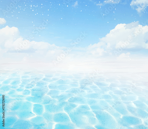 Heaven with clouds and floating water beach vector design background. Sea or ocean caustic water backdrop. Summer beach aestetic. Natural transparent underwater surface. Clean sparkling waterscape