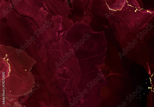 Classic magenta marble stone surface vector design background. Dark red ruby geode wedding invitation. Precious gem card texture. Golden glitter art. Wine red save the date. Elegant burgundy template