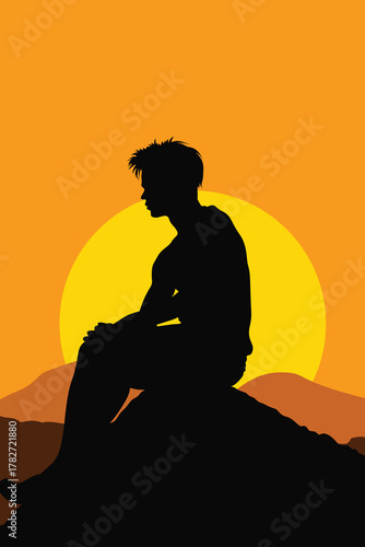 Silhouette of a man sitting on a rock at sunset, deep in thought against a glowing orange sky. Minimalist artwork symbolizing reflection, solitude, and inner peace.