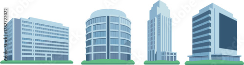 Modern Office Building Icon Set Featuring Diverse Architectural Styles and Landscaping for Business District Design, Urban Planning, and Vector Illustration