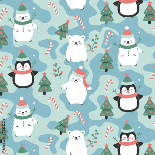 Cute polar bears, penguins & snowmen in icy blue camo with candy canes and Xmas accents. Great for shirts, fabric, gifts, decor.
